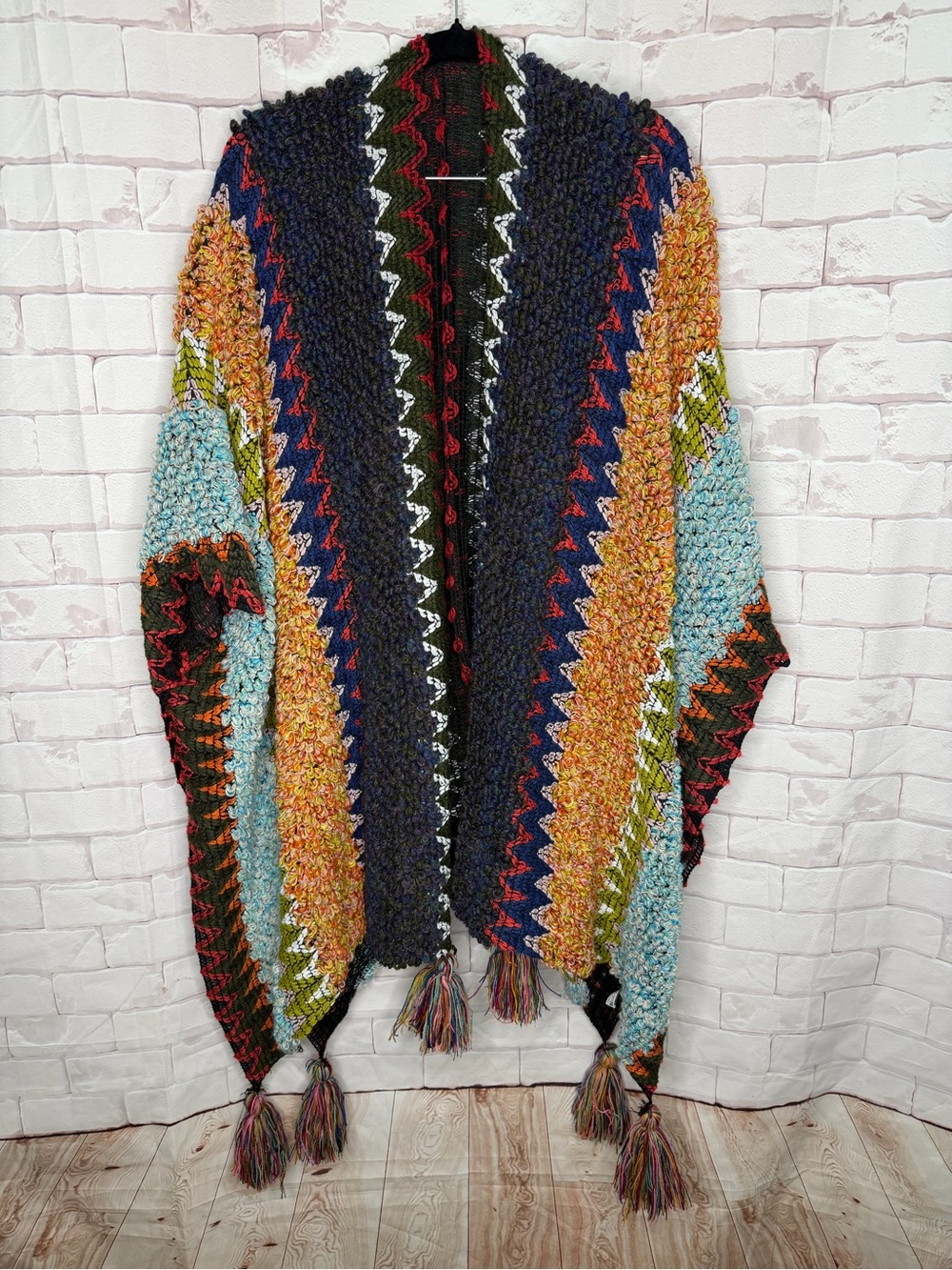 Handcrafted Multicolor Chunky Knit Tassel Ruana Poncho Wrap